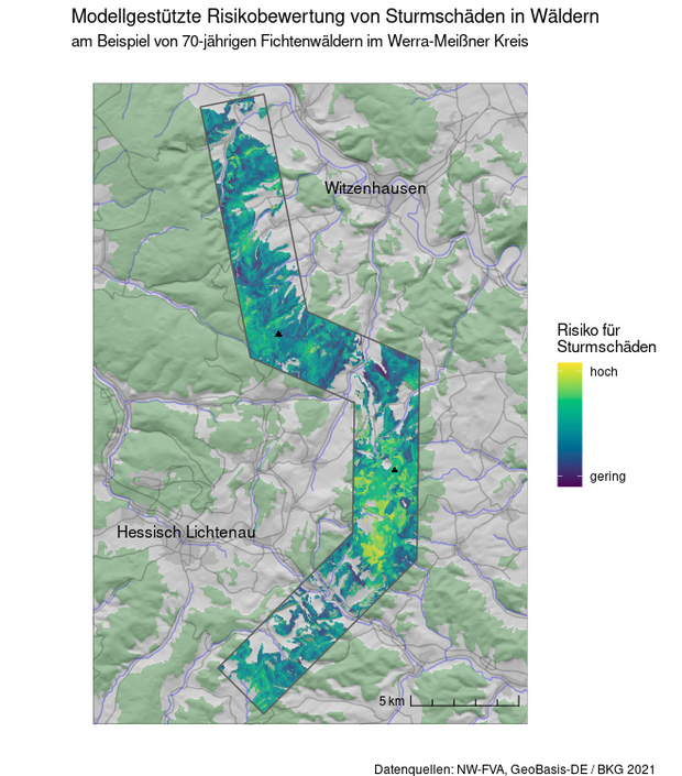 Die Abbildung zeigt eine modellgestützte Risikobewertung von Sturmschäden in Wäldern am Beispiel von 70-jährigen Fichtenwäldern im Werra-Meißner Kreis 