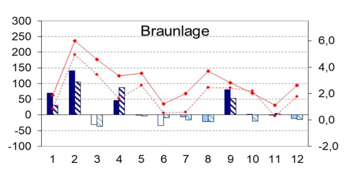 Das Diagramm zeigt die Abweichungen des Niederschlags in Prozent (Balken) und der Temperatur in Grad Celsius (Linien) vom langjährigen Mittel für die Monate Januar bis Dezember 2024.