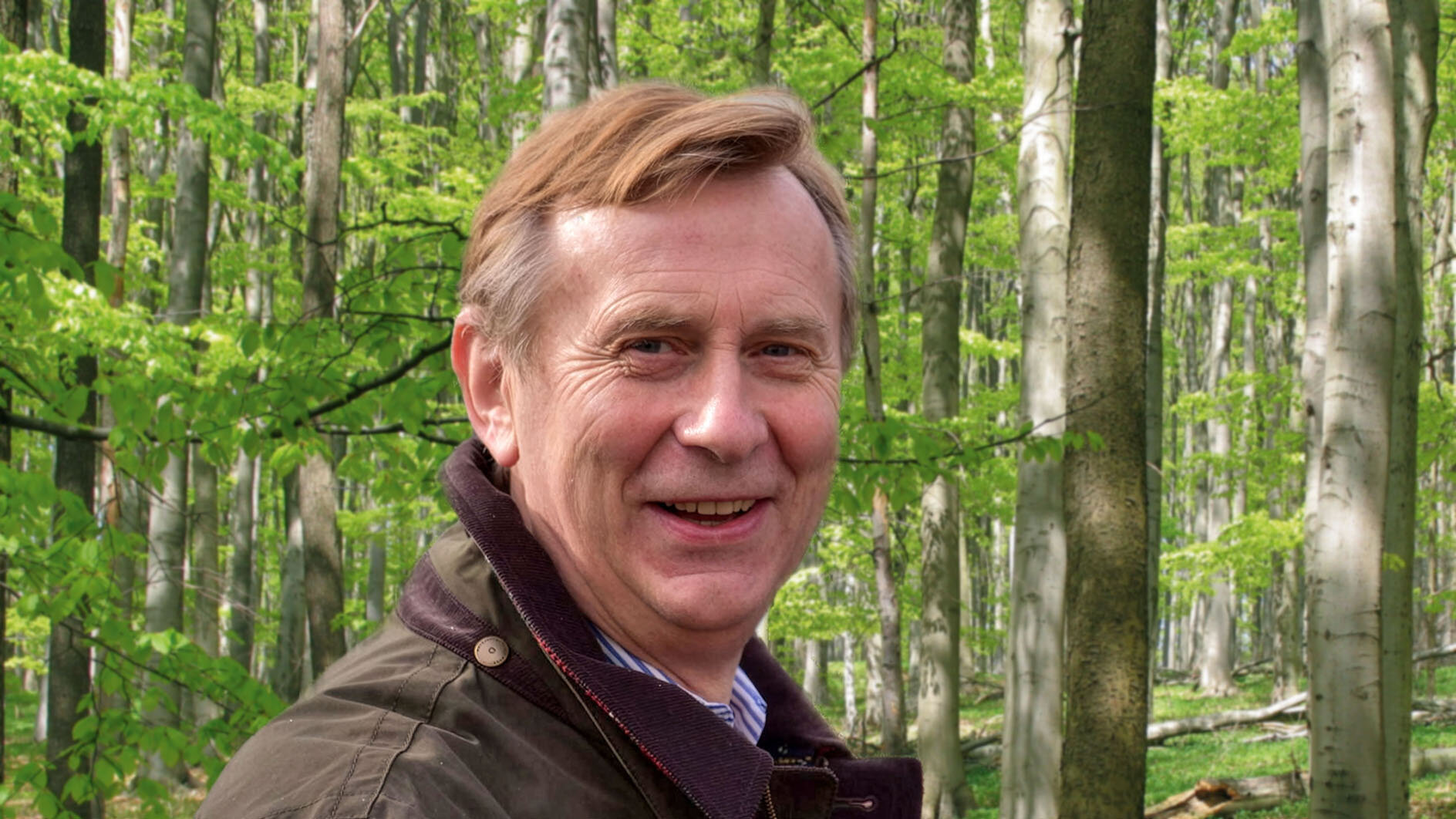 Professor Hermann Spellmann in einem frühlingsfarbenen Buchenwald und lacht in die Kamera