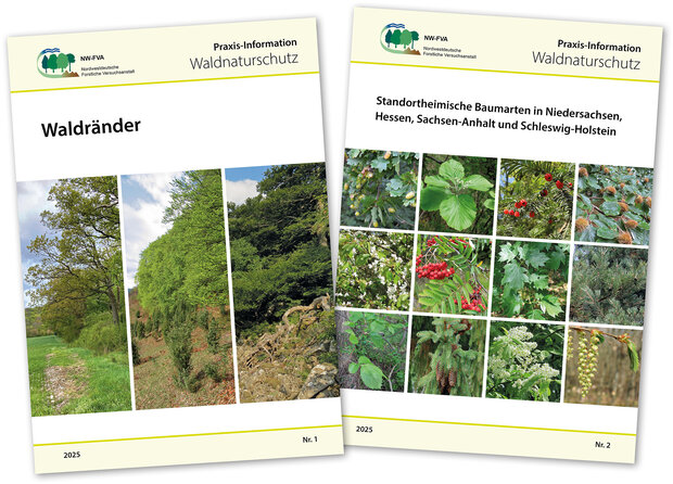 Deckblätter der ersten zwei Hefte der Praxis-Information Waldnaturschutz